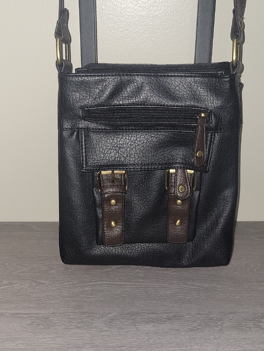 Black Leather Crossbody Messenger Bag with Brown Trim